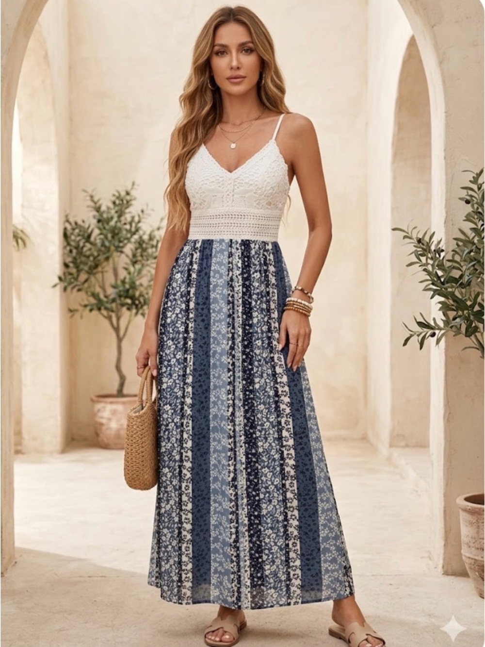 🌟B583. Boho Tiered Crochet Bodice Maxi Dress